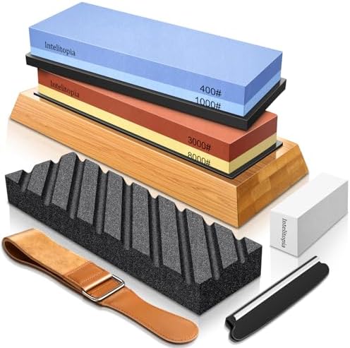 Intelitopia Complete Knife Sharpening Stone Set, Dual Grit Whetstone 400/1000 3000/8000 Knife Sharpener with Leather Strop, Flattening Stone, Bamboo Base, 3 Non-slip Rubber Bases and Angle Guide