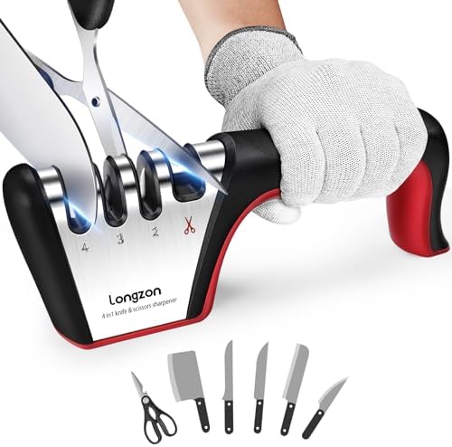 Longzon 5-in-1 Knife Sharpener 4 Stage with Cut-Resistant Glove, Quickly Sharpens and Restores Dull Blades, Easy and Safe for Home Manual Kitchen Use, Fits Most Knives and Scissors, Black and Silver