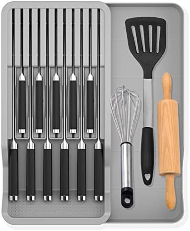 Expandable Drawer Knife Insert Organizer - Plastic Knife Storage Tray for Kitchen Drawers, Adjustable to Fit 11 Knives &amp; Utensils, BPA-Free, Ventilated, Space-Saving, Easy to Clean